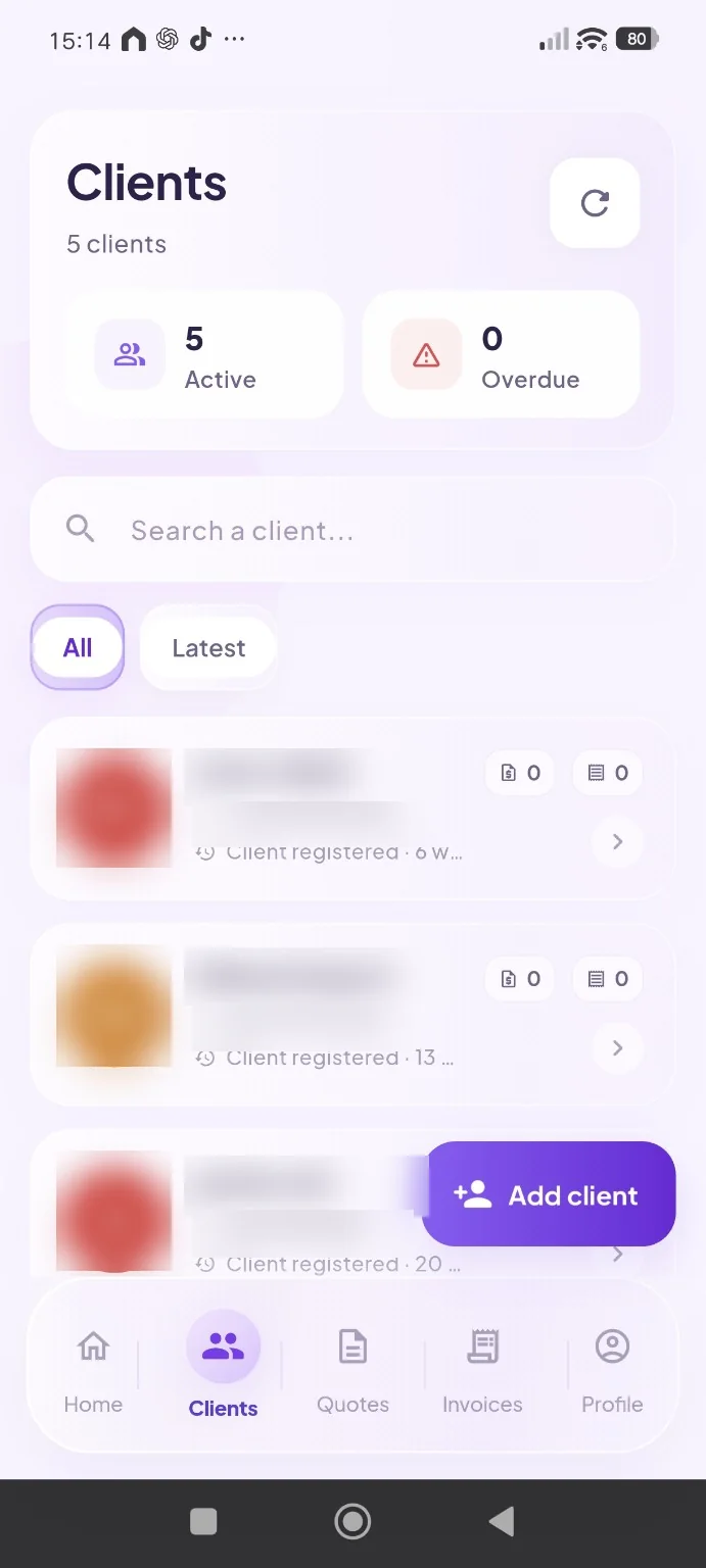 Client management in the Sara app with personal data anonymised