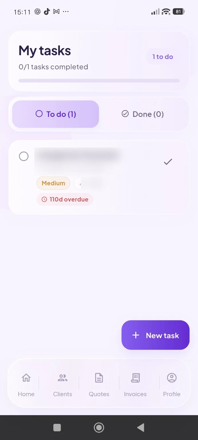 Task organisation in the Sara app