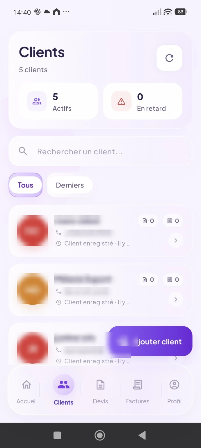 Gestion des clients dans l'application Sara avec données personnelles anonymisées