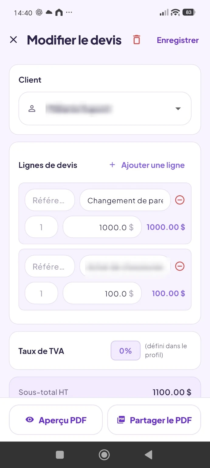 Modification d'un devis dans l'application Sara