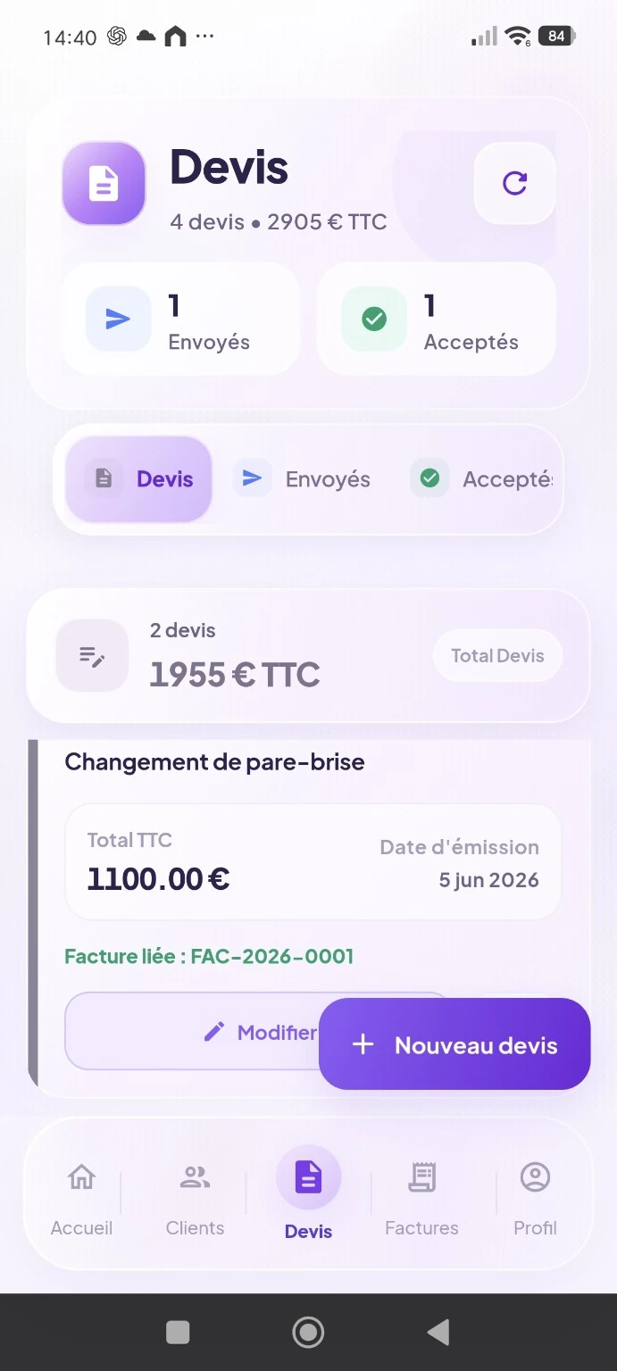 Liste et suivi des devis dans Sara, secrétaire IA pour indépendants