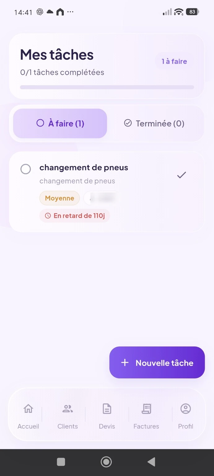 Organisation des tâches dans l'application Sara